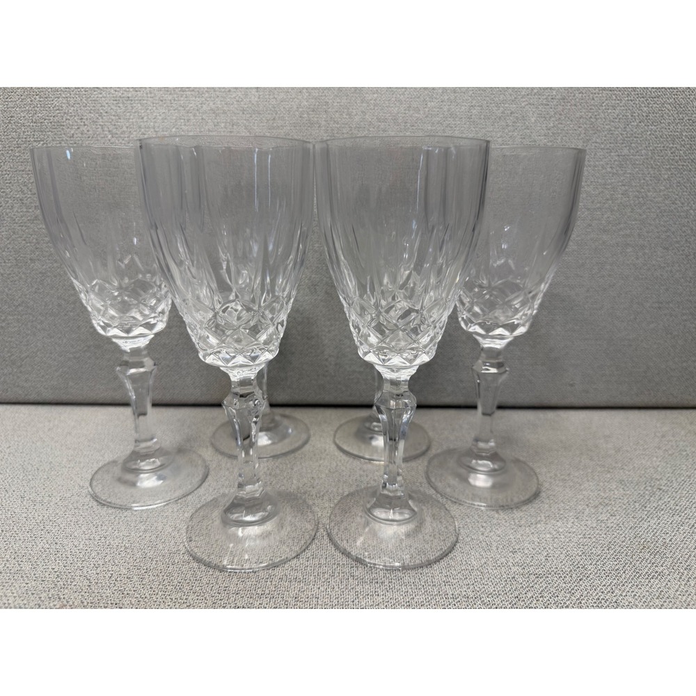 Set of 6 Crystal Wine Glasses Diamond Cut Pattern Stemmed Water Goblets 7.25"